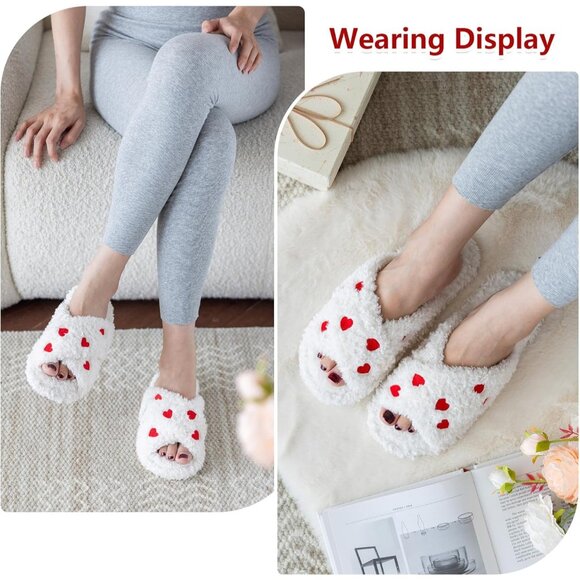 ⚡Women’s White Red Heart Faux Fur Cozy Fuzzy Cross Band Slippers House Shoes - Picture 2 of 6